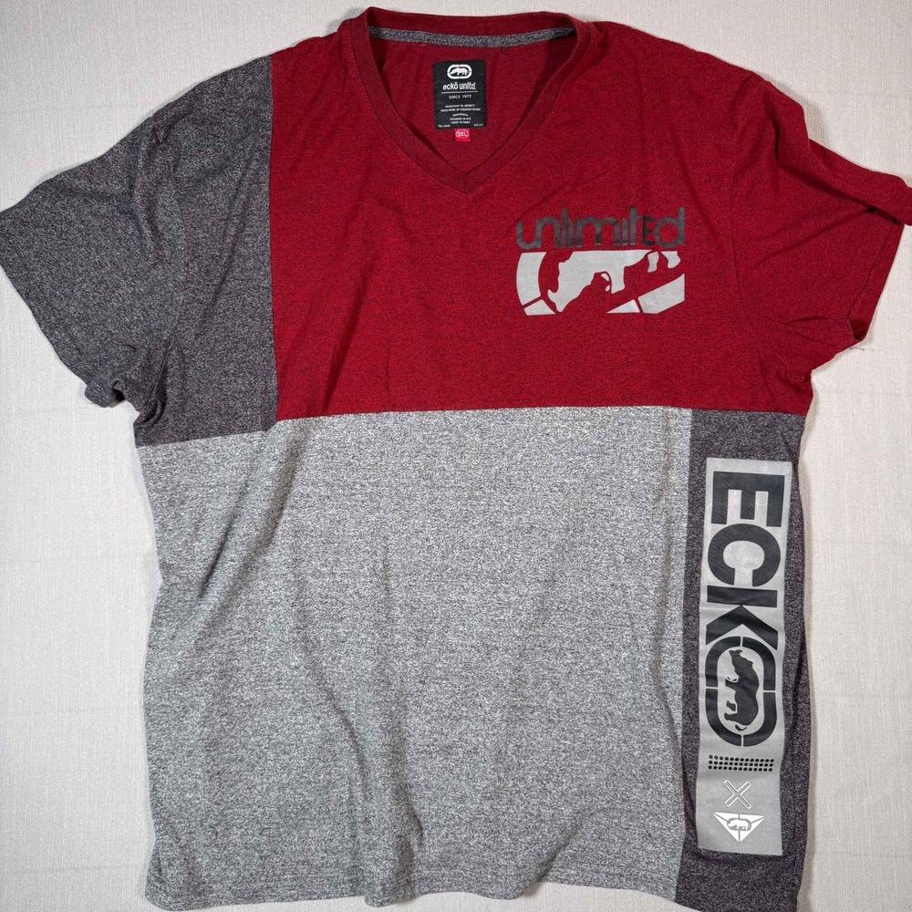 Ecko Unltd Mens Colorblock Graphic V-Neck Tee Red Gray Streetwear Shirt 3XL